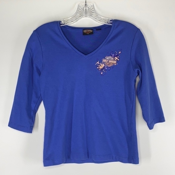 Harley Davidson Honolulu, HI Blue Vneck 1/2 Sleeve Shirt Size Medium - Picture 1 of 6